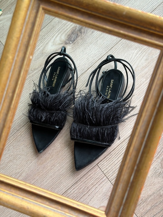 Saint Laurent Shoes - Saint Laurent Ostrich Black Feather-Trim Pointed sandals